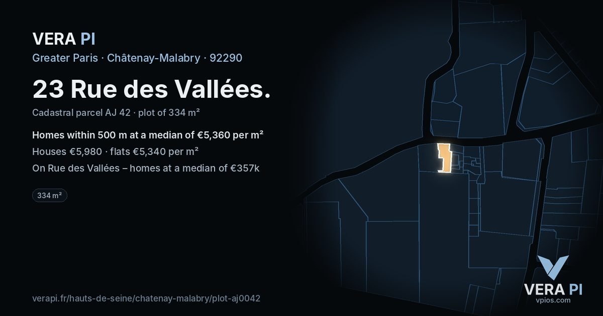 23 Rue des Vallées, Châtenay-Malabry at night – the plot lit, the parcels around coloured by the prices near them
