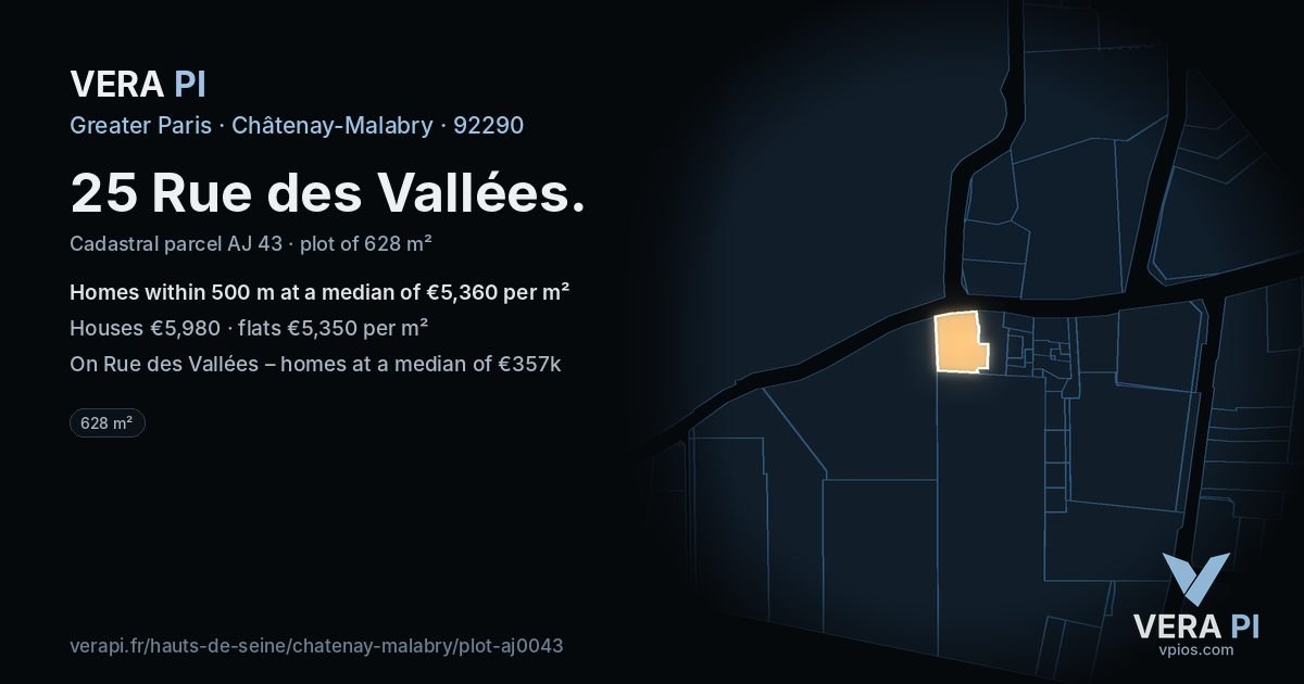 25 Rue des Vallées, Châtenay-Malabry at night – the plot lit, the parcels around coloured by the prices near them