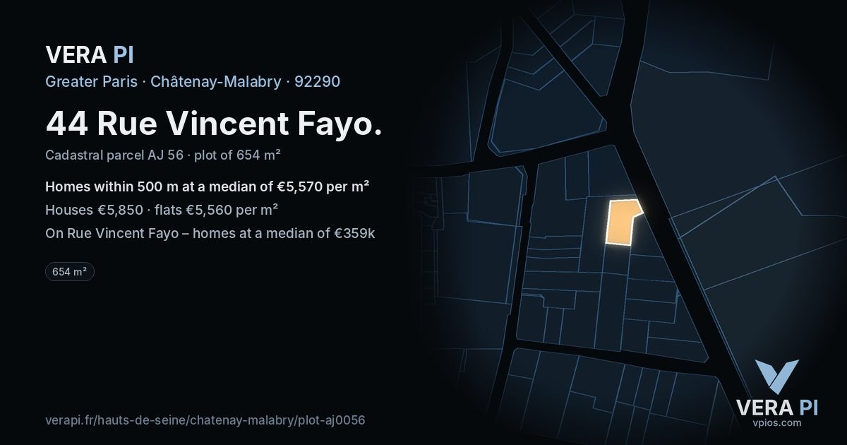 44 Rue Vincent Fayo, Châtenay-Malabry at night – the plot lit, the parcels around coloured by the prices near them