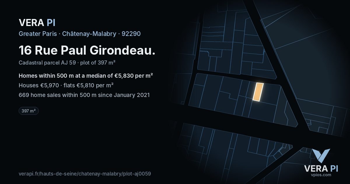 16 Rue Paul Girondeau, Châtenay-Malabry at night – the plot lit, the parcels around coloured by the prices near them