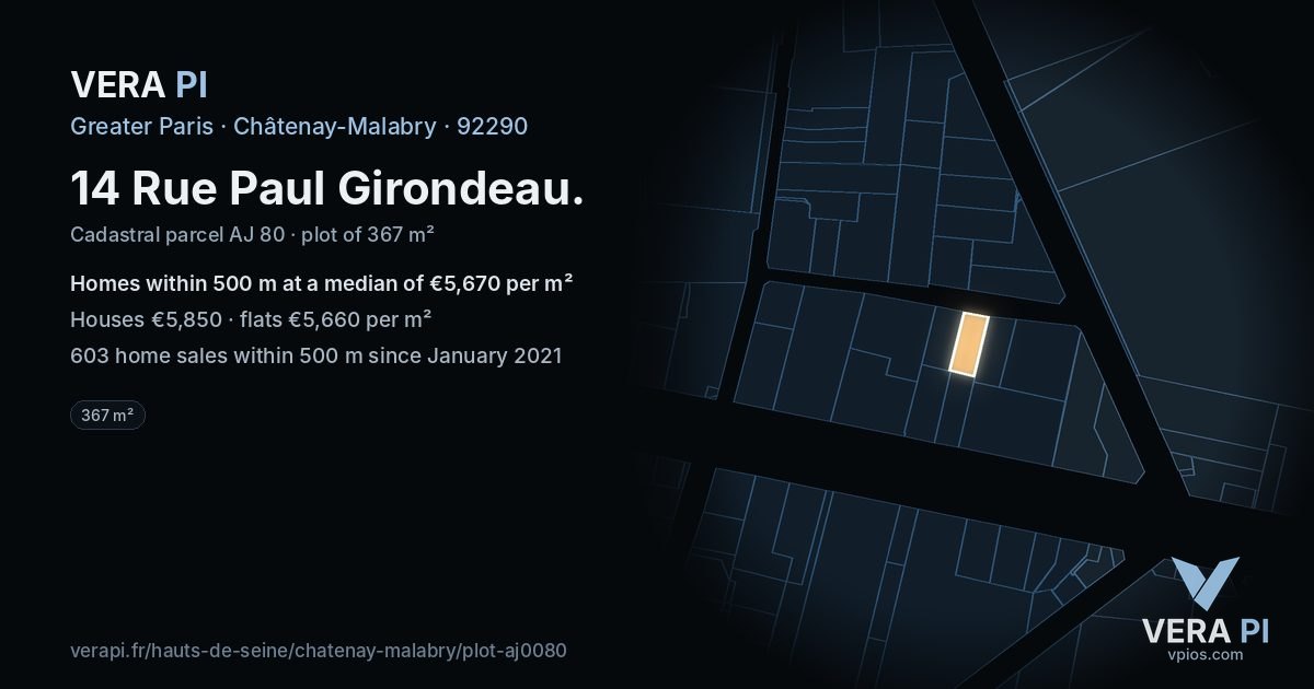 14 Rue Paul Girondeau, Châtenay-Malabry at night – the plot lit, the parcels around coloured by the prices near them