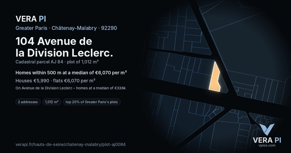 104 Avenue de la Division Leclerc, Châtenay-Malabry at night – the plot lit, the parcels around coloured by the prices near them