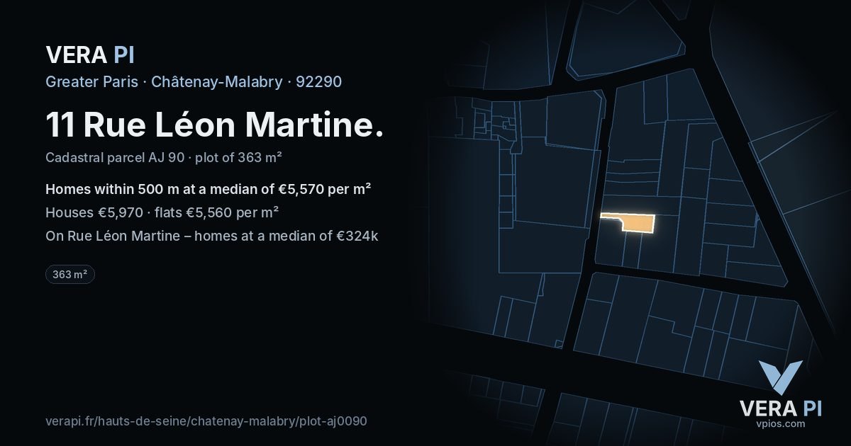 11 Rue Léon Martine, Châtenay-Malabry at night – the plot lit, the parcels around coloured by the prices near them