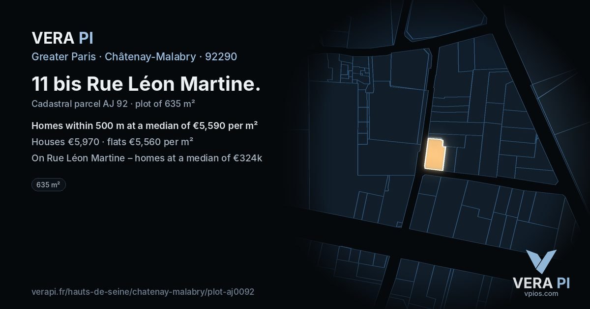 11 bis Rue Léon Martine, Châtenay-Malabry at night – the plot lit, the parcels around coloured by the prices near them