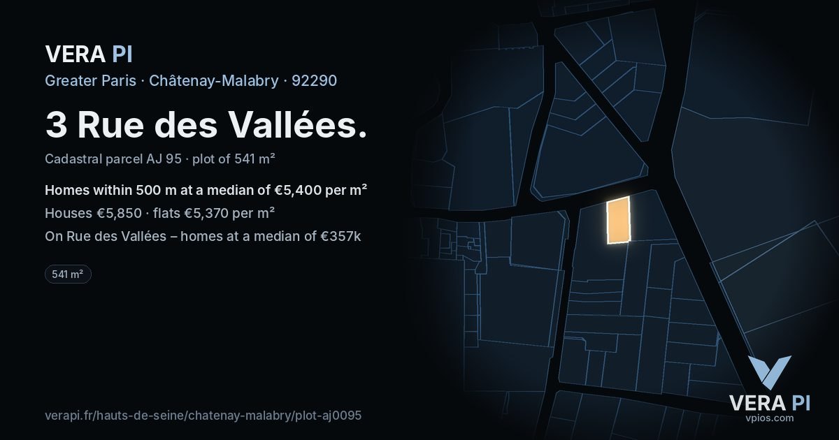 3 Rue des Vallées, Châtenay-Malabry at night – the plot lit, the parcels around coloured by the prices near them