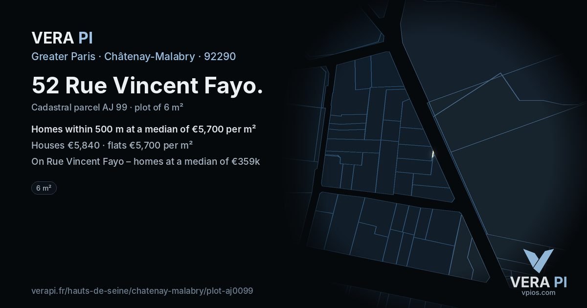 52 Rue Vincent Fayo, Châtenay-Malabry at night – the plot lit, the parcels around coloured by the prices near them