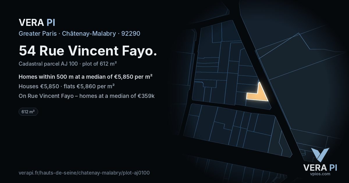 54 Rue Vincent Fayo, Châtenay-Malabry at night – the plot lit, the parcels around coloured by the prices near them