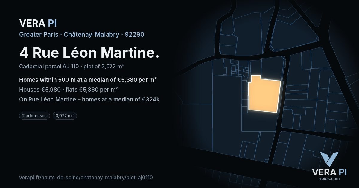 4 Rue Léon Martine, Châtenay-Malabry at night – the plot lit, the parcels around coloured by the prices near them