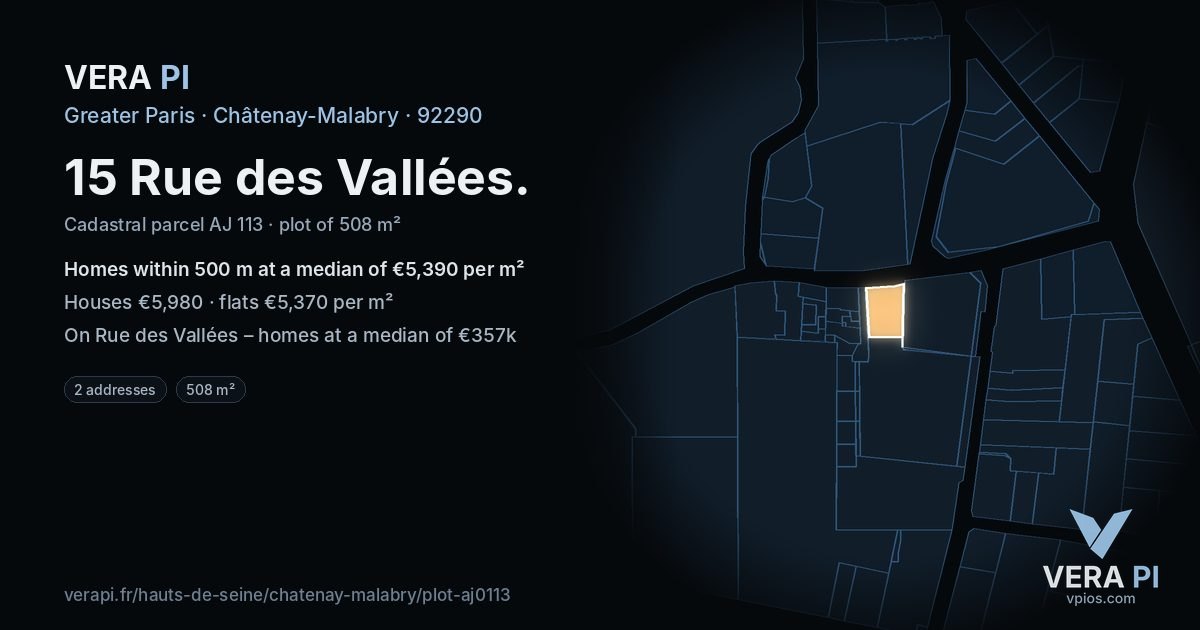 15 Rue des Vallées, Châtenay-Malabry at night – the plot lit, the parcels around coloured by the prices near them