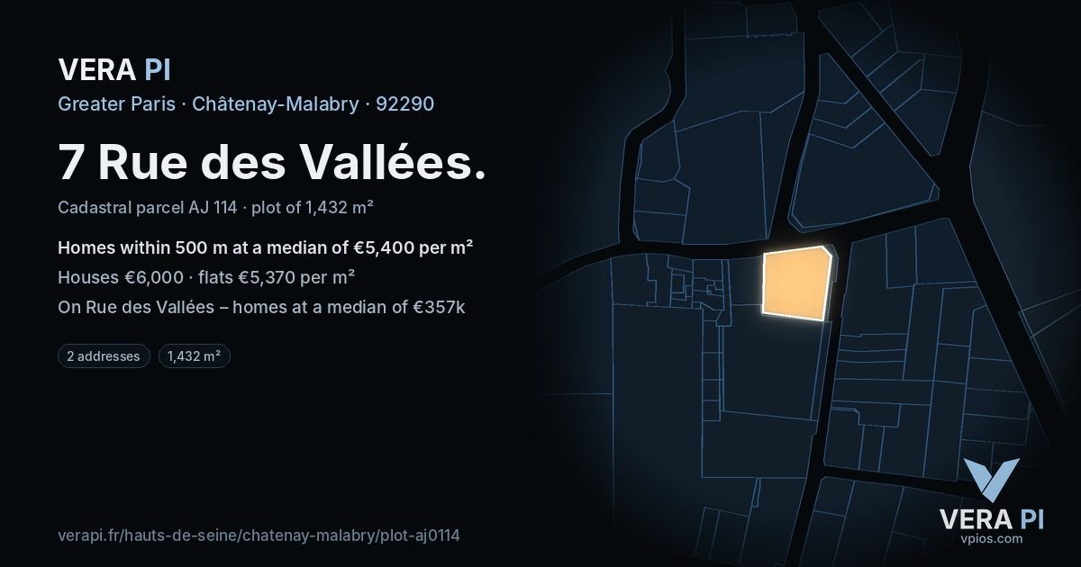 7 Rue des Vallées, Châtenay-Malabry at night – the plot lit, the parcels around coloured by the prices near them