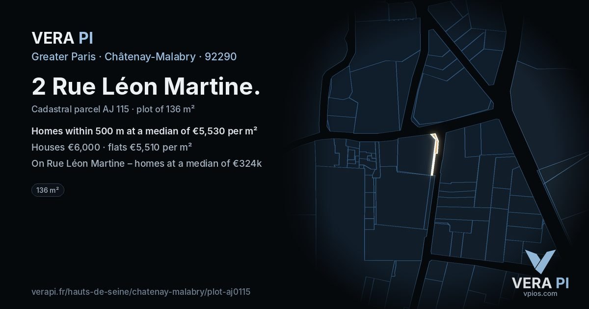 2 Rue Léon Martine, Châtenay-Malabry at night – the plot lit, the parcels around coloured by the prices near them