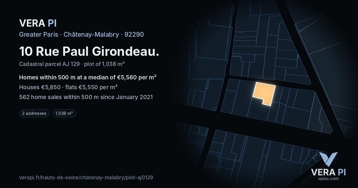 10 Rue Paul Girondeau, Châtenay-Malabry at night – the plot lit, the parcels around coloured by the prices near them