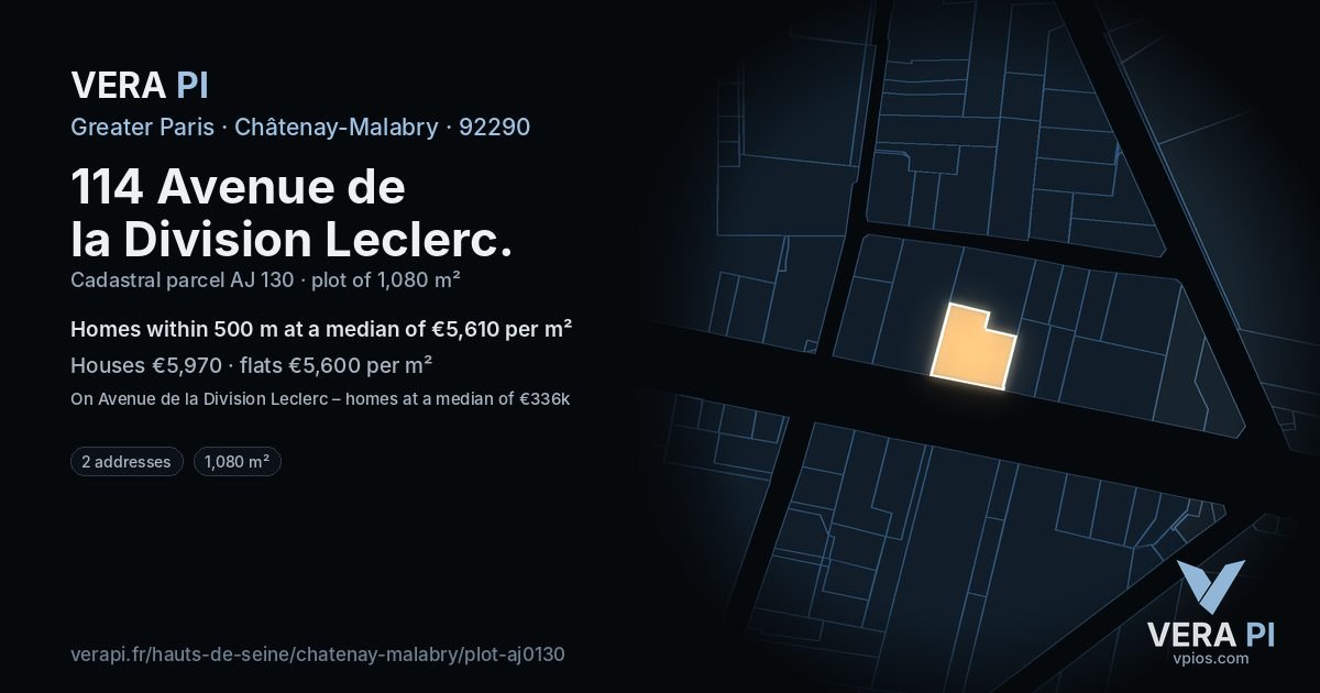 114 Avenue de la Division Leclerc, Châtenay-Malabry at night – the plot lit, the parcels around coloured by the prices near them