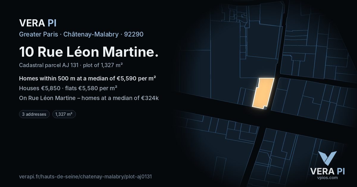 10 Rue Léon Martine, Châtenay-Malabry at night – the plot lit, the parcels around coloured by the prices near them