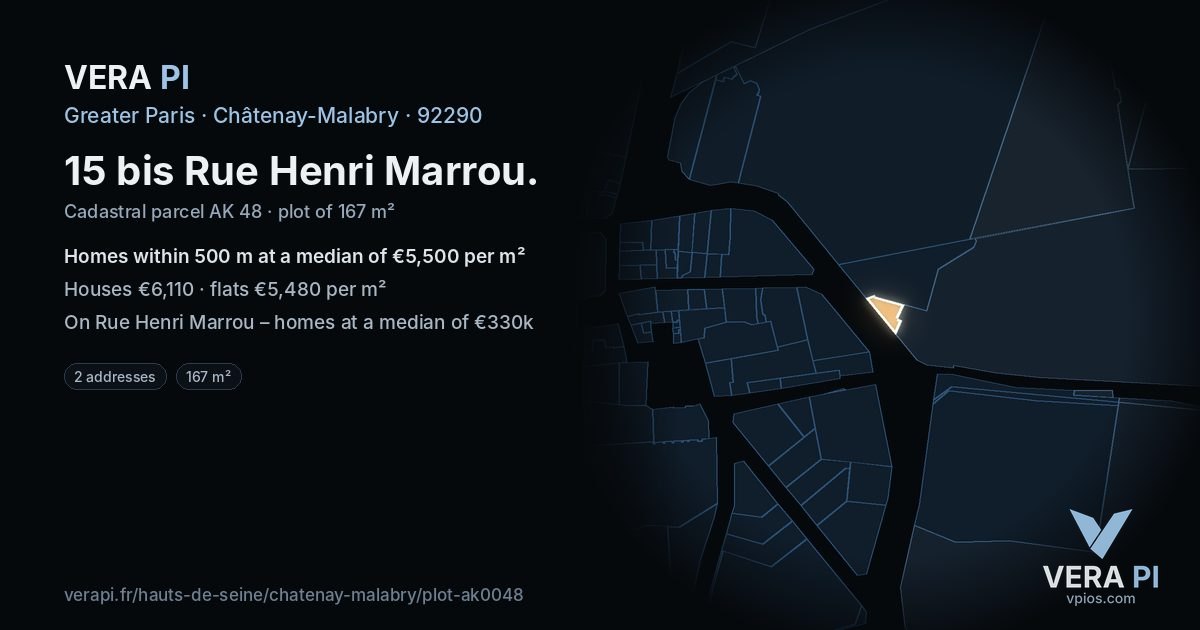15 bis Rue Henri Marrou, Châtenay-Malabry at night – the plot lit, the parcels around coloured by the prices near them