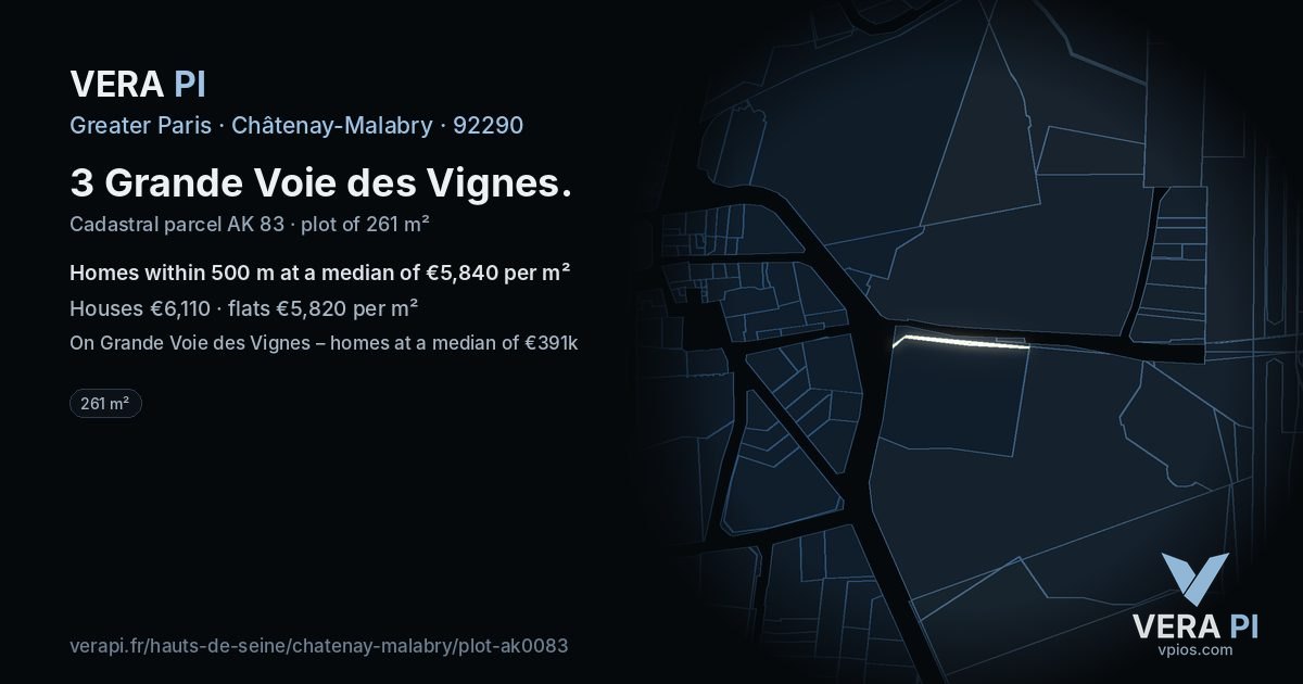3 Grande Voie des Vignes, Châtenay-Malabry at night – the plot lit, the parcels around coloured by the prices near them