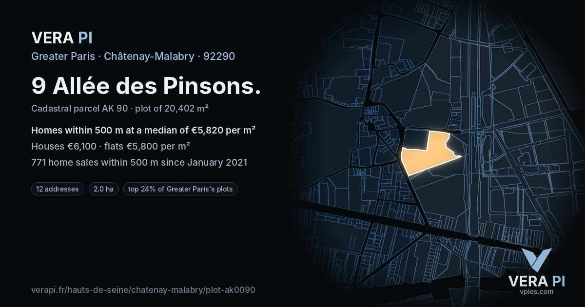 9 Allée des Pinsons, Châtenay-Malabry at night – the plot lit, the parcels around coloured by the prices near them