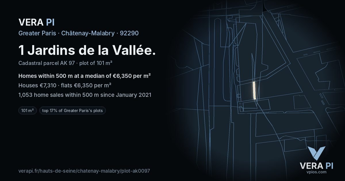 1 Jardins de la Vallée, Châtenay-Malabry at night – the plot lit, the parcels around coloured by the prices near them