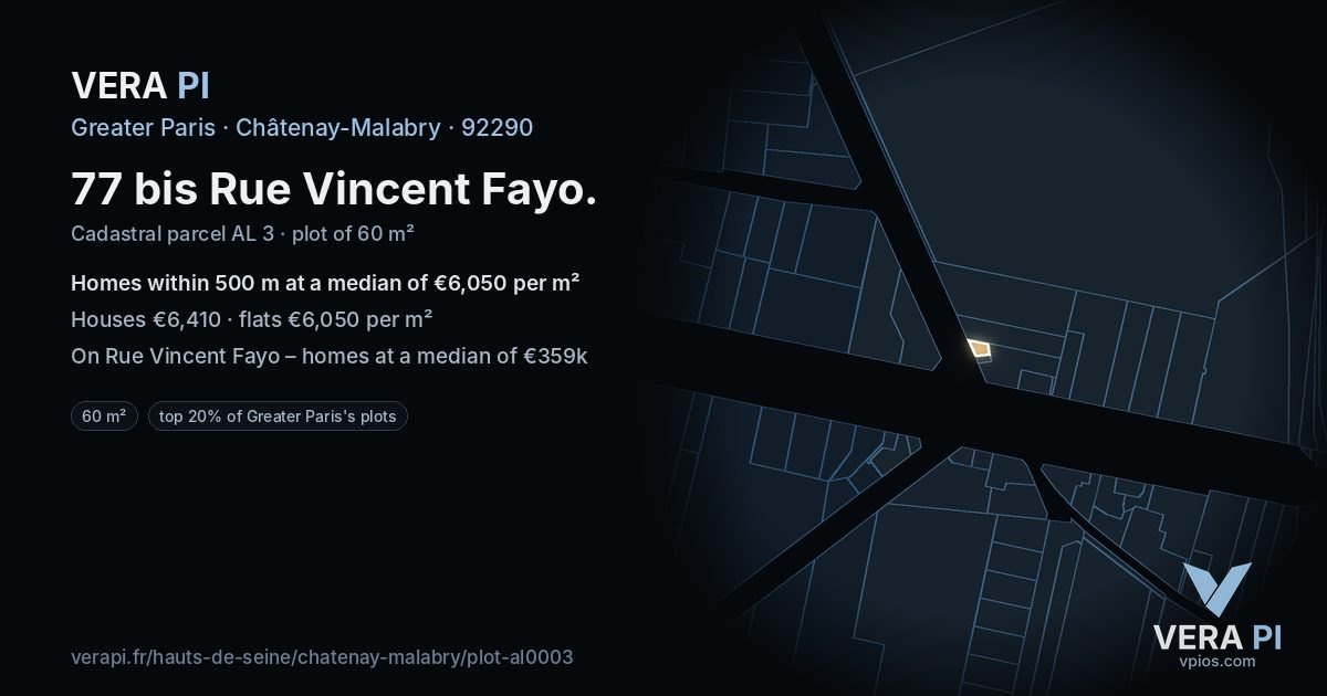 77 bis Rue Vincent Fayo, Châtenay-Malabry at night – the plot lit, the parcels around coloured by the prices near them