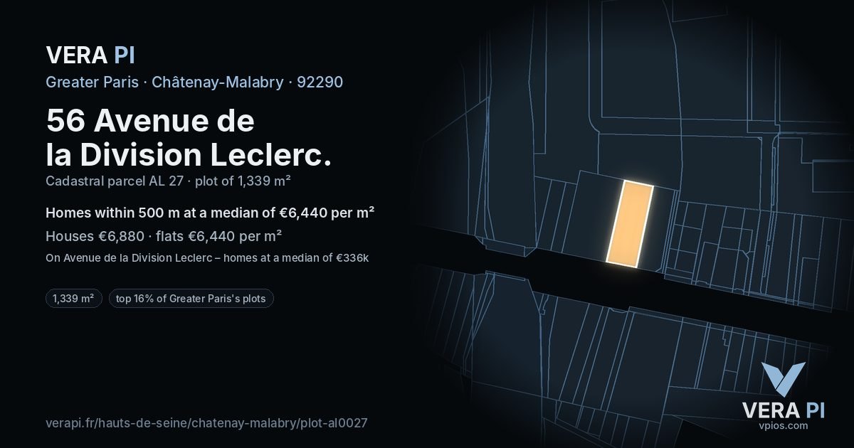 56 Avenue de la Division Leclerc, Châtenay-Malabry at night – the plot lit, the parcels around coloured by the prices near them
