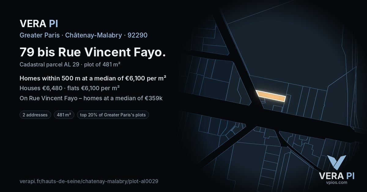 79 bis Rue Vincent Fayo, Châtenay-Malabry at night – the plot lit, the parcels around coloured by the prices near them
