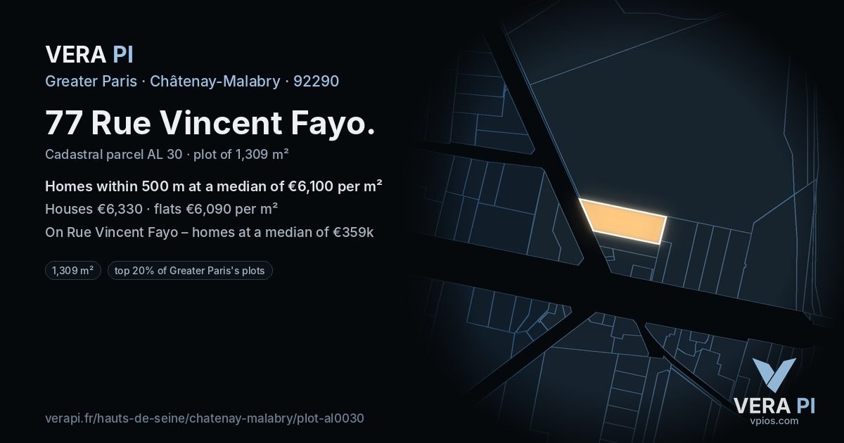 77 Rue Vincent Fayo, Châtenay-Malabry at night – the plot lit, the parcels around coloured by the prices near them