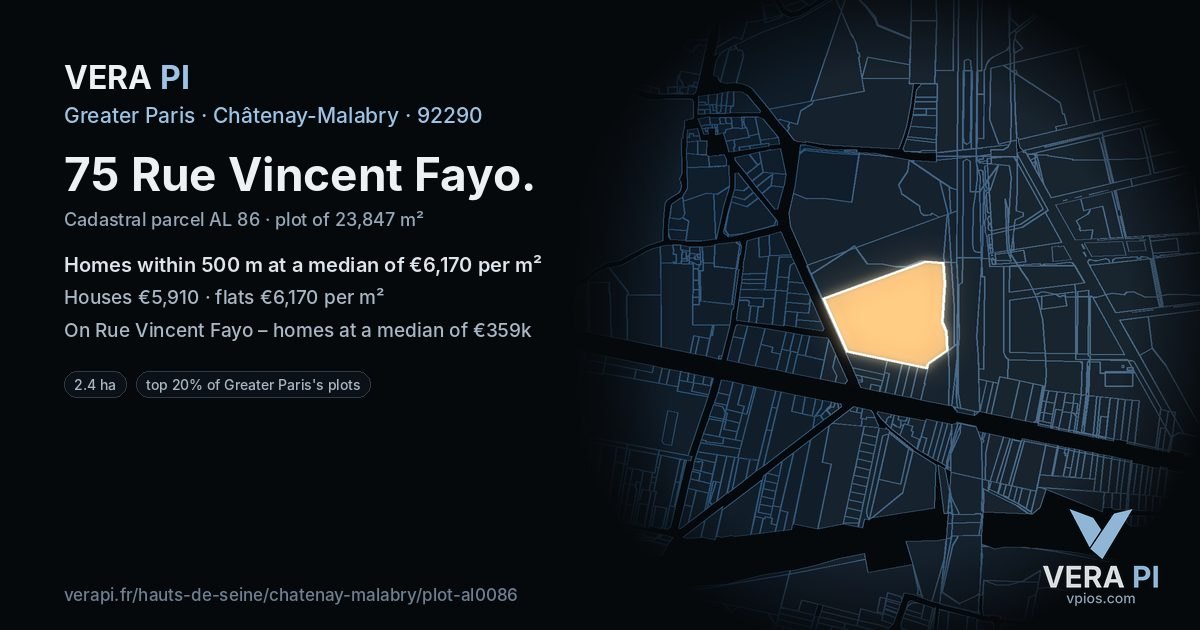 75 Rue Vincent Fayo, Châtenay-Malabry at night – the plot lit, the parcels around coloured by the prices near them