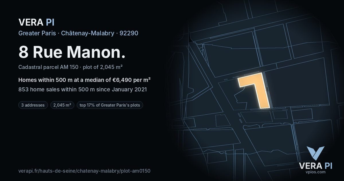 8 Rue Manon, Châtenay-Malabry at night – the plot lit, the parcels around coloured by the prices near them