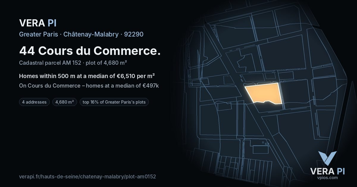44 Cours du Commerce, Châtenay-Malabry at night – the plot lit, the parcels around coloured by the prices near them
