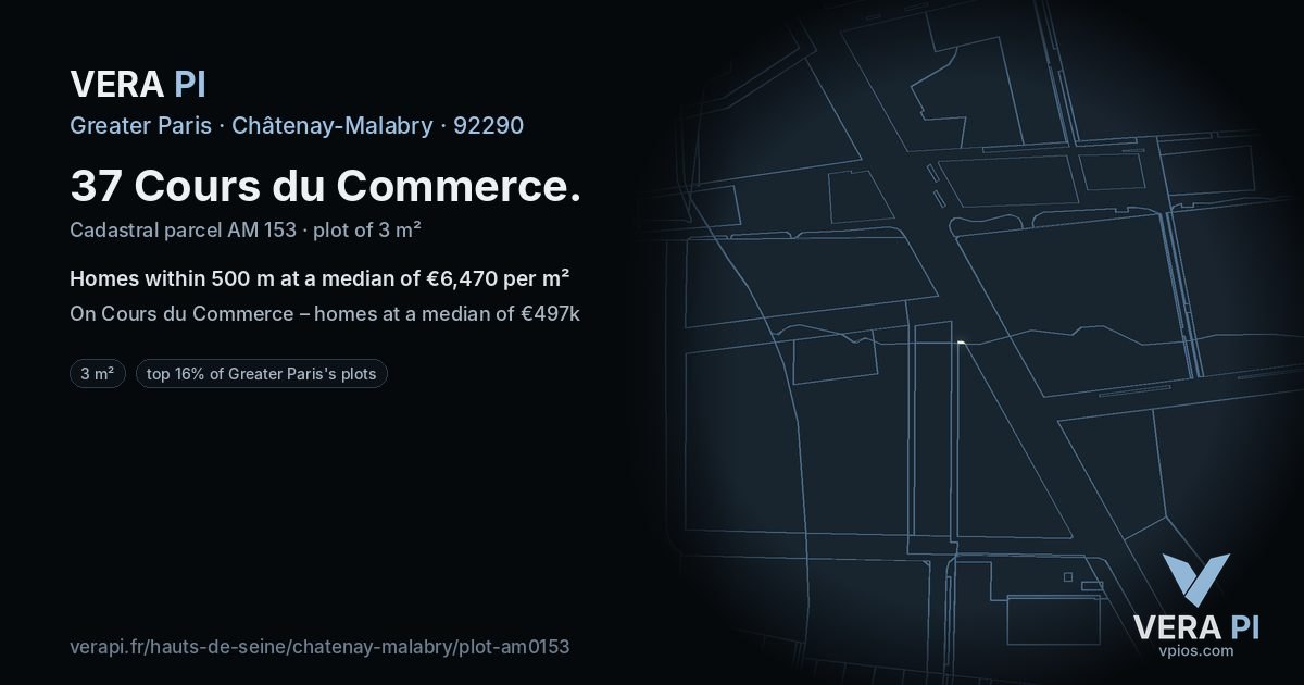 37 Cours du Commerce, Châtenay-Malabry at night – the plot lit, the parcels around coloured by the prices near them