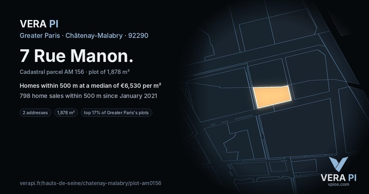 7 Rue Manon, Châtenay-Malabry at night – the plot lit, the parcels around coloured by the prices near them