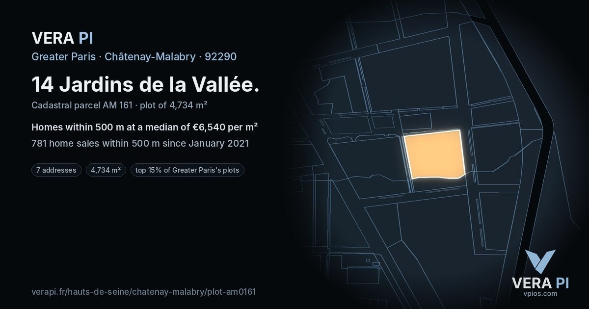 14 Jardins de la Vallée, Châtenay-Malabry at night – the plot lit, the parcels around coloured by the prices near them