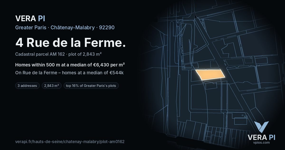 4 Rue de la Ferme, Châtenay-Malabry at night – the plot lit, the parcels around coloured by the prices near them
