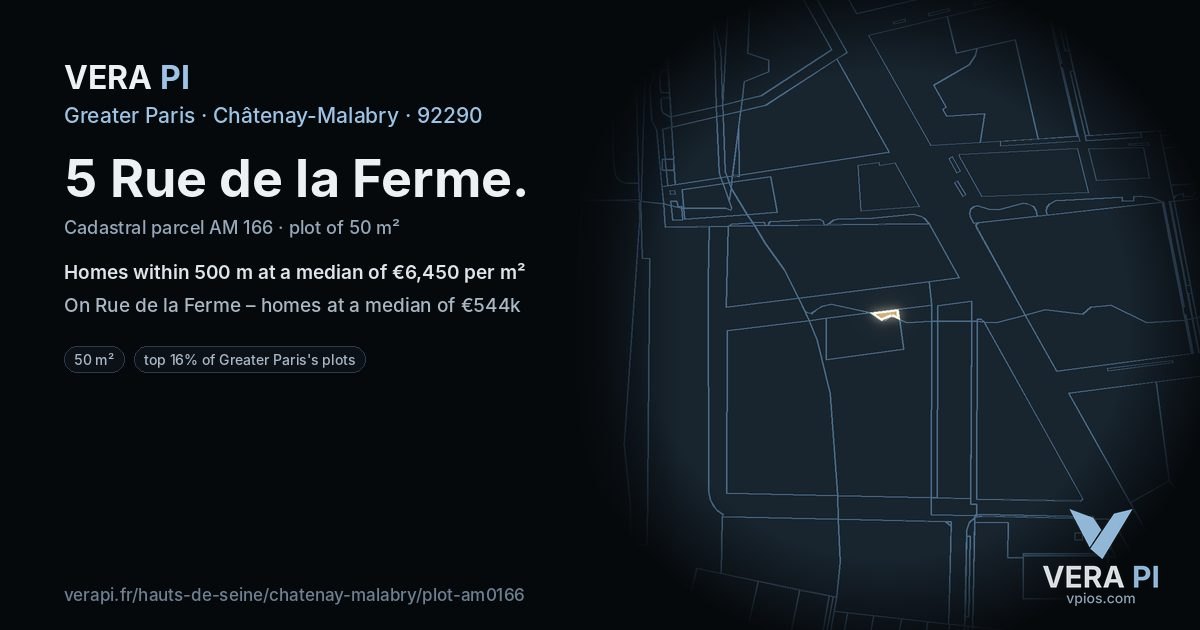5 Rue de la Ferme, Châtenay-Malabry at night – the plot lit, the parcels around coloured by the prices near them