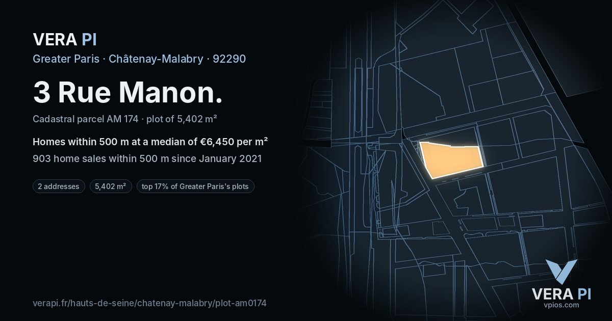 3 Rue Manon, Châtenay-Malabry at night – the plot lit, the parcels around coloured by the prices near them