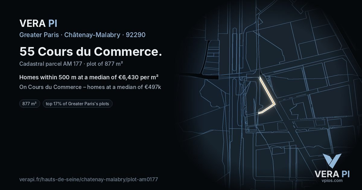55 Cours du Commerce, Châtenay-Malabry at night – the plot lit, the parcels around coloured by the prices near them