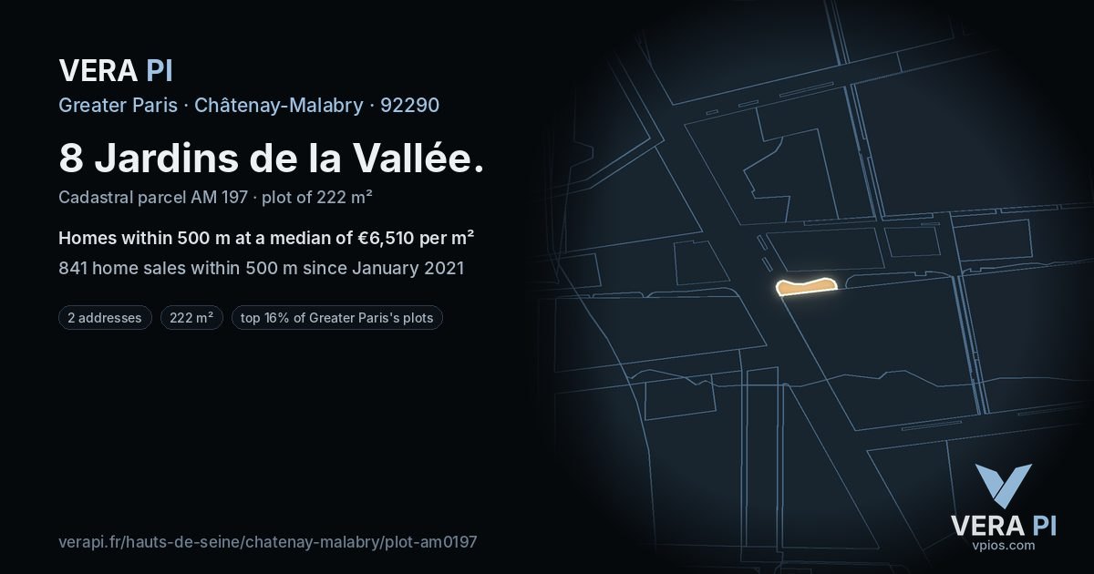 8 Jardins de la Vallée, Châtenay-Malabry at night – the plot lit, the parcels around coloured by the prices near them