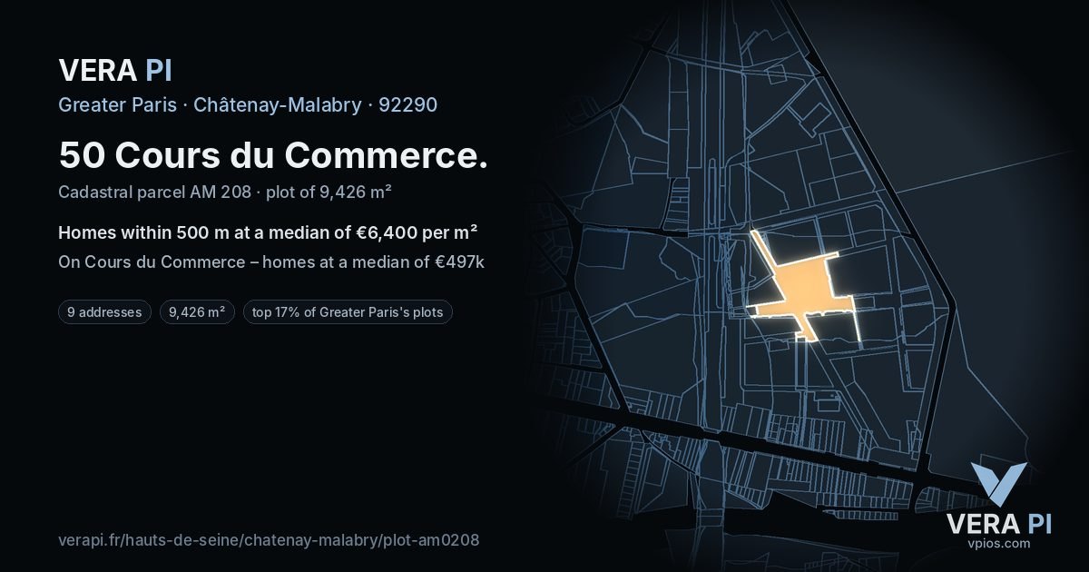 50 Cours du Commerce, Châtenay-Malabry at night – the plot lit, the parcels around coloured by the prices near them