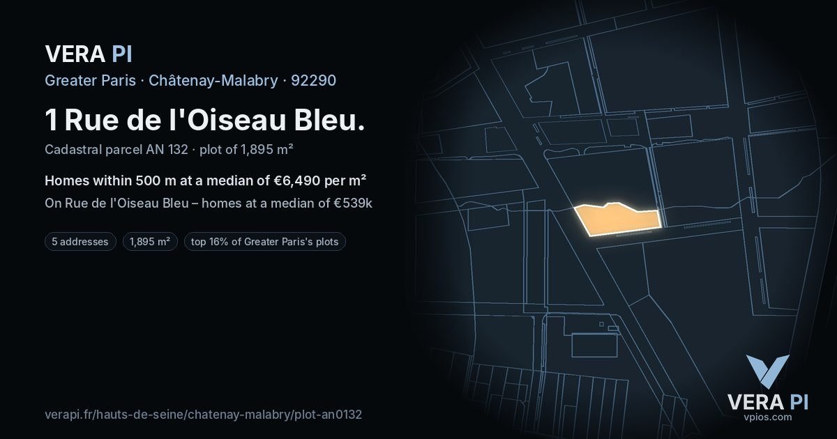 1 Rue de l'Oiseau Bleu, Châtenay-Malabry at night – the plot lit, the parcels around coloured by the prices near them