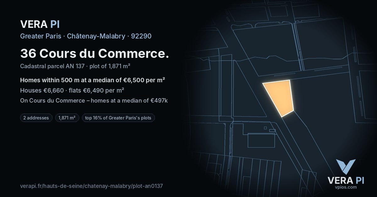 36 Cours du Commerce, Châtenay-Malabry at night – the plot lit, the parcels around coloured by the prices near them