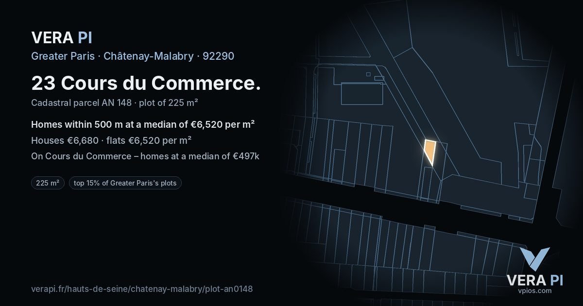 23 Cours du Commerce, Châtenay-Malabry at night – the plot lit, the parcels around coloured by the prices near them