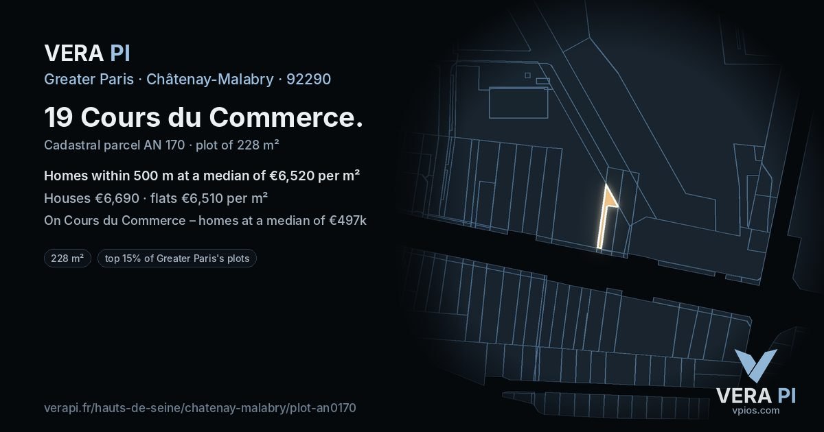19 Cours du Commerce, Châtenay-Malabry at night – the plot lit, the parcels around coloured by the prices near them
