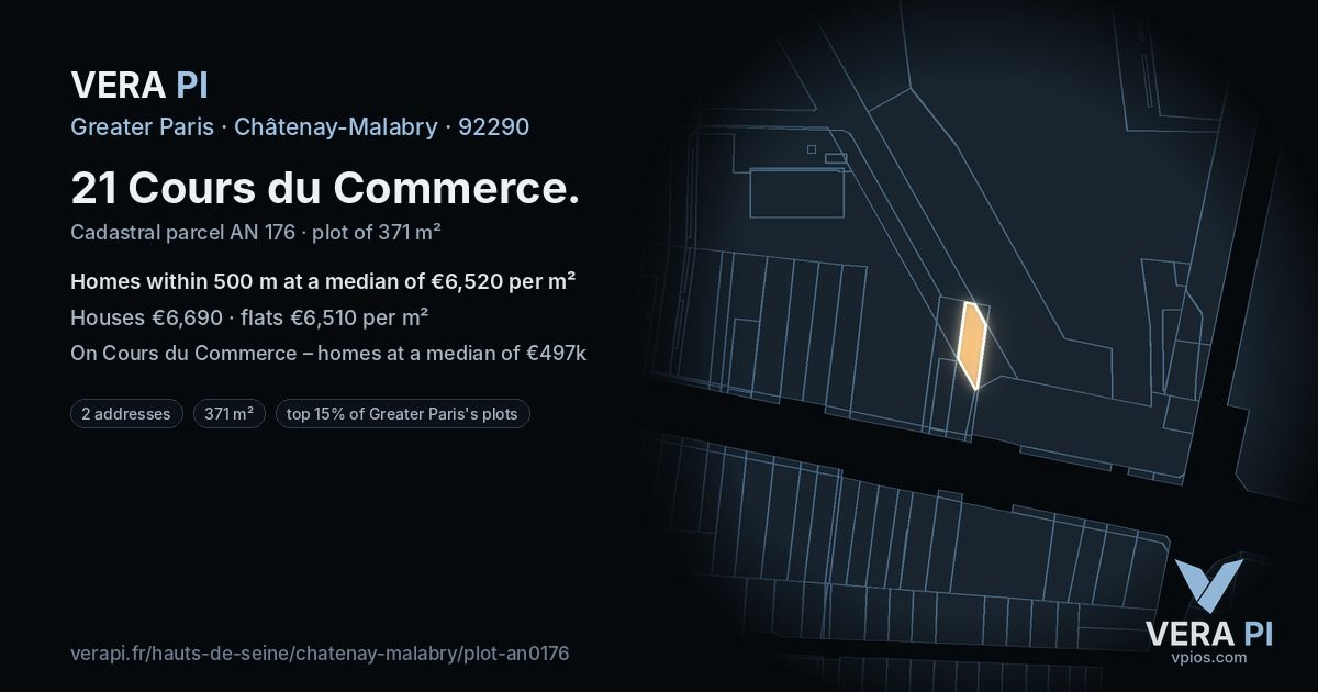 21 Cours du Commerce, Châtenay-Malabry at night – the plot lit, the parcels around coloured by the prices near them