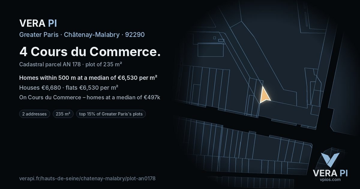 4 Cours du Commerce, Châtenay-Malabry at night – the plot lit, the parcels around coloured by the prices near them
