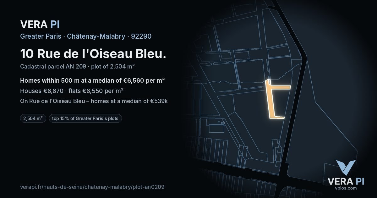 10 Rue de l'Oiseau Bleu, Châtenay-Malabry at night – the plot lit, the parcels around coloured by the prices near them