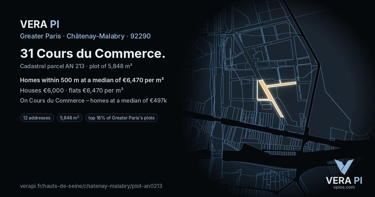 31 Cours du Commerce, Châtenay-Malabry at night – the plot lit, the parcels around coloured by the prices near them