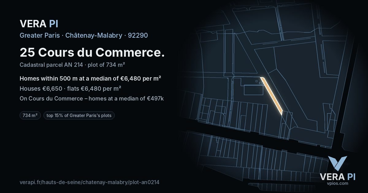 25 Cours du Commerce, Châtenay-Malabry at night – the plot lit, the parcels around coloured by the prices near them