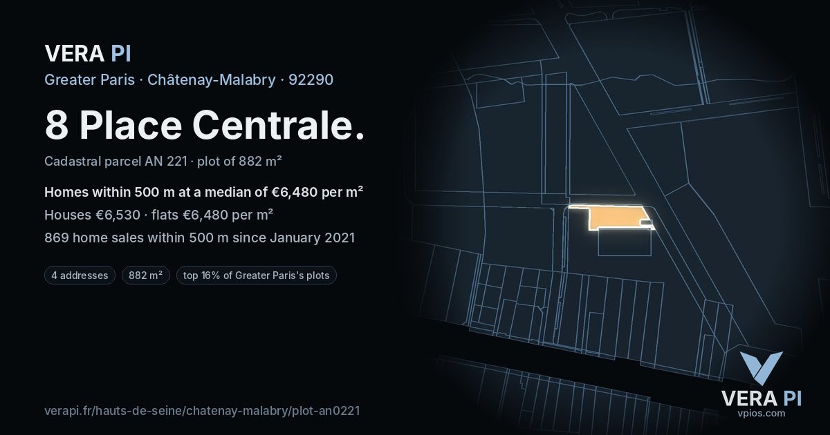 8 Place Centrale, Châtenay-Malabry at night – the plot lit, the parcels around coloured by the prices near them