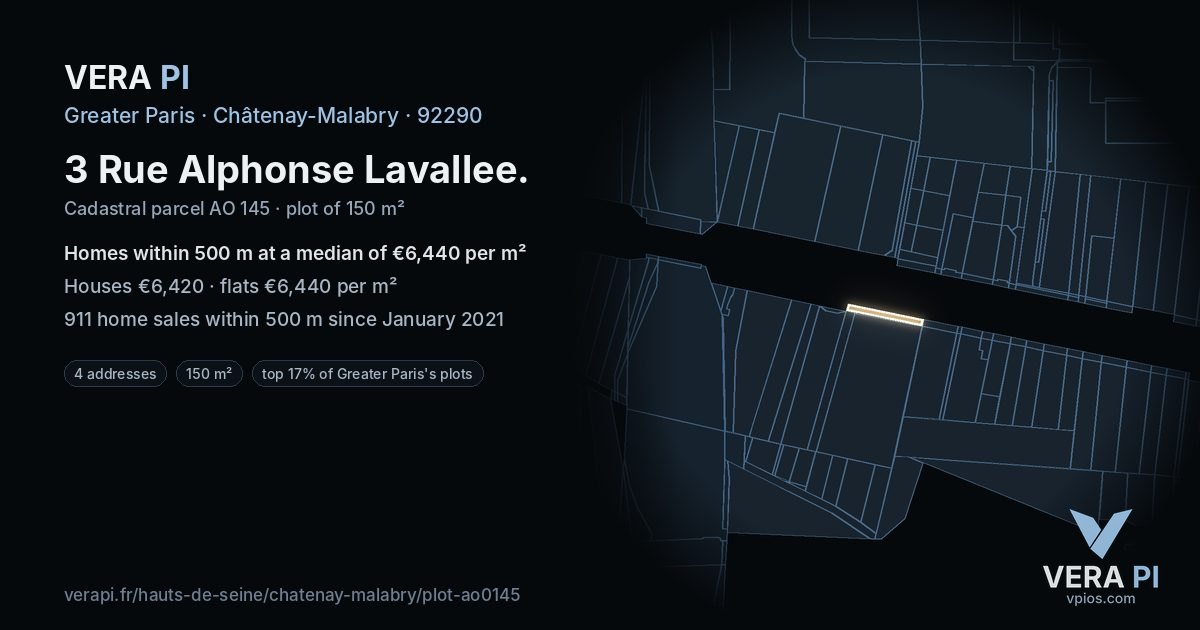 3 Rue Alphonse Lavallee, Châtenay-Malabry at night – the plot lit, the parcels around coloured by the prices near them