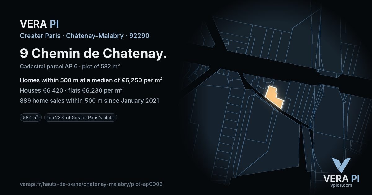 9 Chemin de Chatenay, Châtenay-Malabry at night – the plot lit, the parcels around coloured by the prices near them